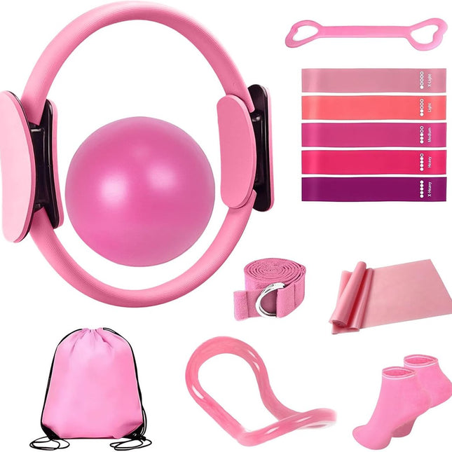 13-Piece Pilates Equipment Set for Women - Yoga & Fitness Set - Home Pilates Training Set - Home Gym Set - Exercise Bands - Resistance Band - Exercise Ball - Beginner Yoga Set with Pilates Ring, 24 cm Yoga Ball, 5 Resistance Bands, Magic Circle
