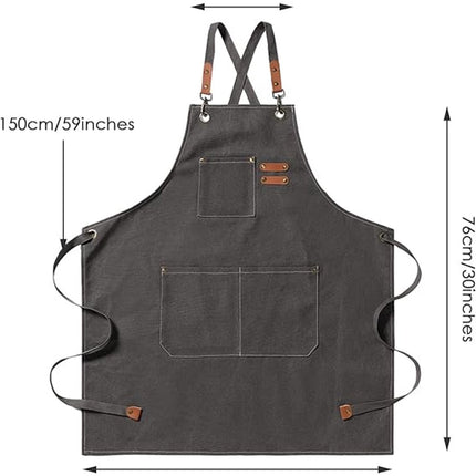 Men's Canvas Apron - Canvas Apron - 3 Pockets - Waterproof - Adjustable - Kitchen Apron for Men and Women - Apron for Barbecue, Restaurant, Garden, Carpenter - Easily Adjustable - Grey - 76 x 68 cm.