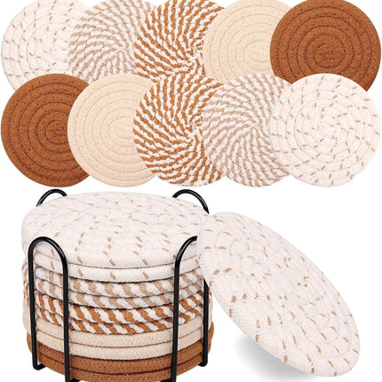 Set of 10 Round Coasters with Stand - Coaster Set - Thermal Insulation - Non-Slip Braided Cotton Coasters - Coasters for Glasses - for Glasses - For Drinks, Bar, Cups, Table Coasters - Khaki/White.