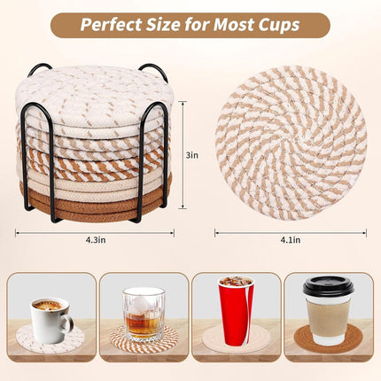Set of 10 Round Coasters with Stand - Coaster Set - Thermal Insulation - Non-Slip Braided Cotton Coasters - Coasters for Glasses - for Glasses - For Drinks, Bar, Cups, Table Coasters - Khaki/White.