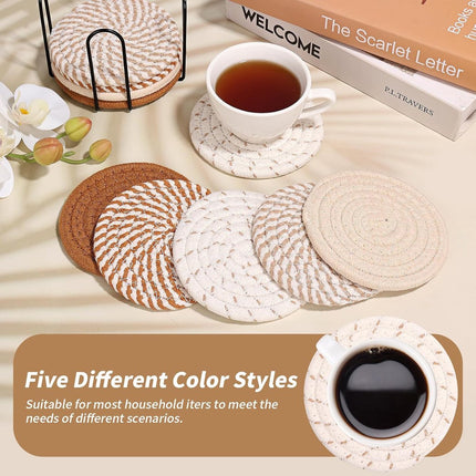 Set of 10 Round Coasters with Stand - Coaster Set - Thermal Insulation - Non-Slip Braided Cotton Coasters - Coasters for Glasses - for Glasses - For Drinks, Bar, Cups, Table Coasters - Khaki/White.