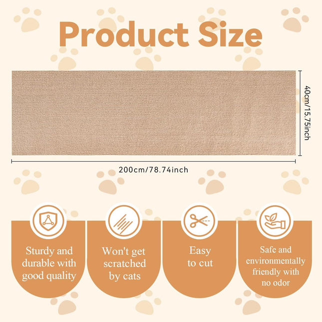 Scratching Post - 40 x 200 Cm - Scratching Mat for Cats - Kitten Toy - Anti-scratch cat sofa protection scratching post - Climbing Wall - Cat Climbing Wall - for furniture, walls, sofas and carpet - Scratching Mat for Sofa - Easy to cut - Self-adhesive -.