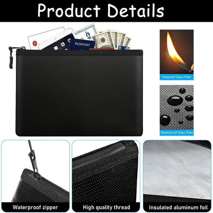 pieces - fireproof bag - A4/A5 - fireproof document holder - fireproof storage bag - fireproof money bag - fireproof pouch - for passport, card and valuables - 28*17cm, 34*24 cm - black.