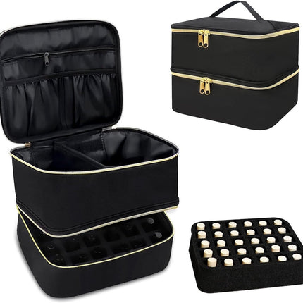 Nail polish storage - Nail polish case - Beauty case - Nail case bag - Nail stylist bag - Nail polish carrying case - double-layer makeup bag - nail accessories - nail organizer - storage box - for 30 bottles and nail lamp - 25*20*21 cm - black.