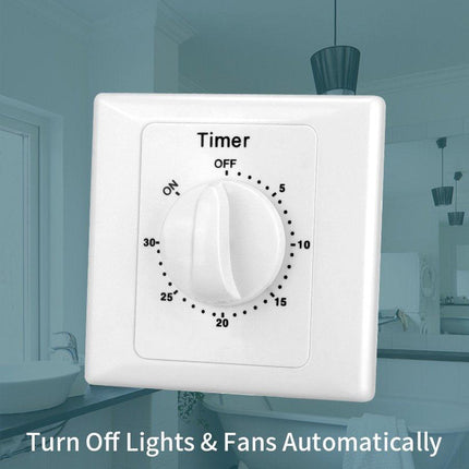 Countdown Switch - 30 minutes - Countdown timer switch - Mechanical countdown timer socket - time switch - timer light switch - with timer - timer socket - for bathroom extractor fan, garage, laundry room, storage room or spa - white.
