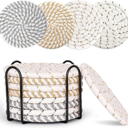 Set of 8 Round Coasters with Stand - Coaster Set - Thermal Insulation - Non-Slip Braided Cotton Coasters - Coasters for Glasses - for Glasses - For Drinks, Bar, Cups, Table Coasters.