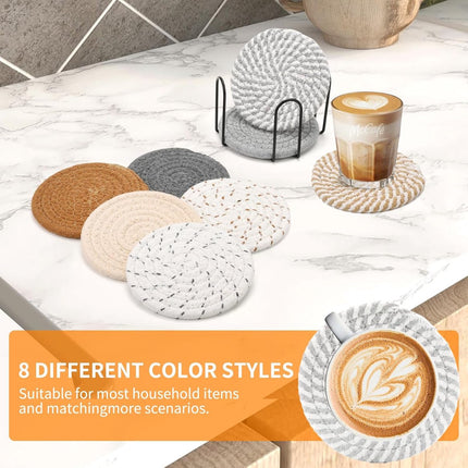Set of 8 Round Coasters with Stand - Coaster Set - Thermal Insulation - Non-Slip Braided Cotton Coasters - Coasters for Glasses - for Glasses - For Drinks, Bar, Cups, Table Coasters.
