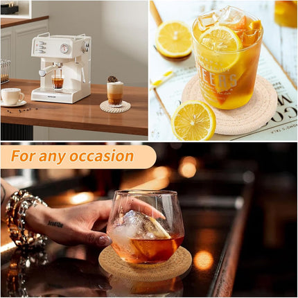 Set of 8 Round Coasters with Stand - Coaster Set - Thermal Insulation - Non-Slip Braided Cotton Coasters - Coasters for Glasses - for Glasses - For Drinks, Bar, Cups, Table Coasters.