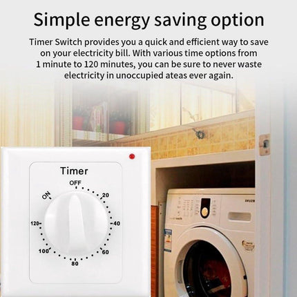 Countdown Switch - 120 minutes - Countdown timer switch - Mechanical countdown timer socket - time switch - timer light switch - with timer - timer socket - for bathroom extractor fan, garage, laundry room, storage room or spa - white.