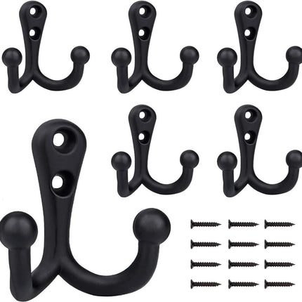 6 pieces - 54*49mm - Hook - Clothes hook - Retro double coat hooks - Wall hook - Metal hook - Universal hooks - with 12 screws - for coat, scarf, bag, towel, key, cap, cup, hat - black.