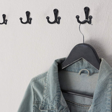 6 pieces - 54*49mm - Hook - Clothes hook - Retro double coat hooks - Wall hook - Metal hook - Universal hooks - with 12 screws - for coat, scarf, bag, towel, key, cap, cup, hat - black.