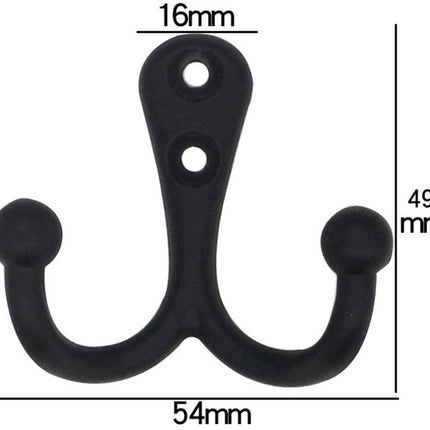 6 pieces - 54*49mm - Hook - Clothes hook - Retro double coat hooks - Wall hook - Metal hook - Universal hooks - with 12 screws - for coat, scarf, bag, towel, key, cap, cup, hat - black.