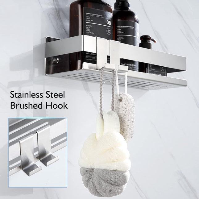 Stainless Steel Shower Rack - No Drilling Required - Wall Rack - Shower Rack - Shower Rack - Self-adhesive Shower Basket - Small Wall Rack - With Perfect Grip - Bathroom Shelf - with 2 Hooks - Bathroom Rack Shelf - Shower Basket 22 cm - Silver.