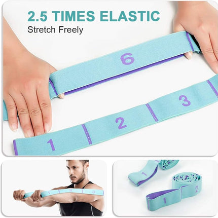 125*4 cm - Yoga resistance band - Yoga stretch band - Yoga exercise band - Stretch band - with 11 rings - Resistance band - for training, pilates, dance and fitness - blue purple.