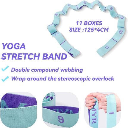 125*4 cm - Yoga resistance band - Yoga stretch band - Yoga exercise band - Stretch band - with 11 rings - Resistance band - for training, pilates, dance and fitness - blue purple.