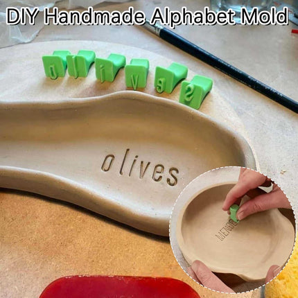 Stamps - Alphabet stamping tools - Clay stamps - Alphabet Stamp Set - Portable crafting material - Alphabet, numbers and symbols - DIY craft molds - for scrapbooking, art projects - with storage box - green - plastic uppercase letters.