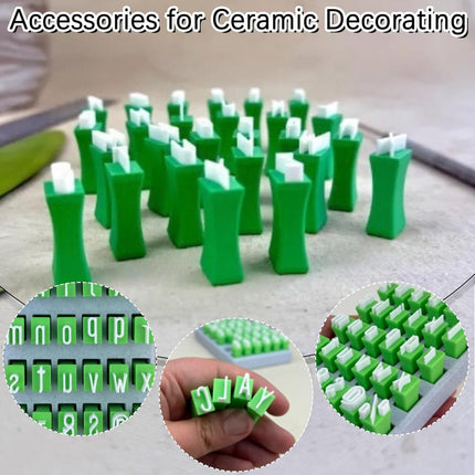 Stamps - Alphabet stamping tools - Clay stamps - Alphabet Stamp Set - Portable crafting material - Alphabet, numbers and symbols - DIY craft molds - for scrapbooking, art projects - with storage box - green - plastic uppercase letters.