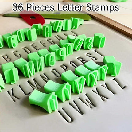 Stamps - Alphabet stamping tools - Clay stamps - Alphabet Stamp Set - Portable crafting material - Alphabet, numbers and symbols - DIY craft molds - for scrapbooking, art projects - with storage box - green - plastic uppercase letters.