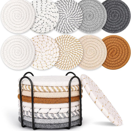 Set of 10 Round Coasters with Stand - Coaster Set - Thermal Insulation - Non-Slip Braided Cotton Coasters - Coasters for Glasses - for Glasses - For Drinks, Bar, Cups, Table Coasters - Grey/Khaki.
