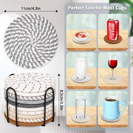 Set of 10 Round Coasters with Stand - Coaster Set - Thermal Insulation - Non-Slip Braided Cotton Coasters - Coasters for Glasses - for Glasses - For Drinks, Bar, Cups, Table Coasters - Grey/Khaki.