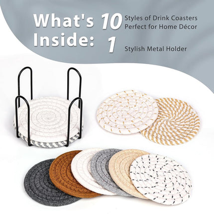 Set of 10 Round Coasters with Stand - Coaster Set - Thermal Insulation - Non-Slip Braided Cotton Coasters - Coasters for Glasses - for Glasses - For Drinks, Bar, Cups, Table Coasters - Grey/Khaki.
