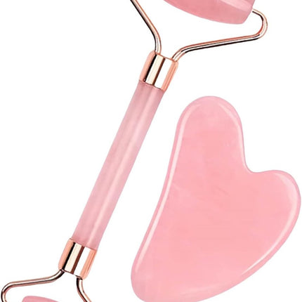 Rose Quartz Jade Roller & Gua Sha Stone - Facial Roller & Gua Sha Set - Natural Jade Roller - Facial Roller - Jade Roller - Facial Massage - for Lymphatic Drainage, Anti-Aging, Wrinkle Reduction, Anti-Puffiness & Radiant Skin.