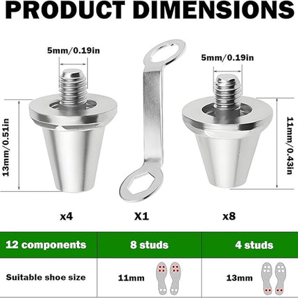 12 pieces - football studs - replacement metal football studs - 8 11mm and 4 13mm football studs - with tools - replacement football studs for football boots - football boot accessories - silver.