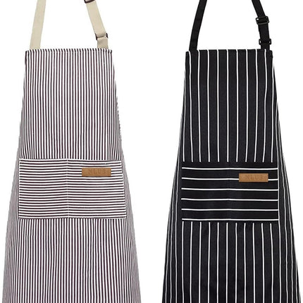 Kitchen Apron - 2 Pieces - Professional Cooking Apron - for Ladies and Gentlemen - Catering Apron - Easily Adjustable - BBQ Apron - Pottery Apron - Cooking Kitchen Aprons - kitchen cooking aprons - soft chef apron with 2 pockets - black/brown stripes.