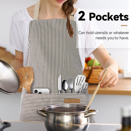 Kitchen Apron - 2 Pieces - Professional Cooking Apron - for Ladies and Gentlemen - Catering Apron - Easily Adjustable - BBQ Apron - Pottery Apron - Cooking Kitchen Aprons - kitchen cooking aprons - soft chef apron with 2 pockets - black/brown stripes.