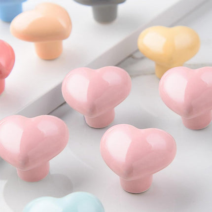 Set of 6 pink ceramic knobs - heart shape - with screws for drawers - cabinets - kitchen furniture - decorative handles.