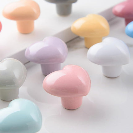 Set of 6 pink ceramic knobs - heart shape - with screws for drawers - cabinets - kitchen furniture - decorative handles.