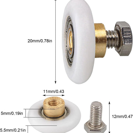 pieces - shower door rollers - 20 mm - sliding door wheels for showers - replacement roller guide wheels - for home, bathroom, DIY - replacement parts for glass holes - for shower doors, sliding door wheels and gliders - white.