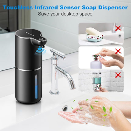 Soap Dispenser - Automatic Soap Dispenser - 350ml - Automatic Foam Soap Dispenser - Wall-Mounted Soap Dispenser - USB Rechargeable - 4 Adjustable Levels Soap Dispenser - For Bathroom and Kitchen - 19*11*7.5 cm - Black.