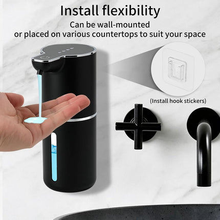 Soap Dispenser - Automatic Soap Dispenser - 350ml - Automatic Foam Soap Dispenser - Wall-Mounted Soap Dispenser - USB Rechargeable - 4 Adjustable Levels Soap Dispenser - For Bathroom and Kitchen - 19*11*7.5 cm - Black.