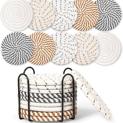 Set of 10 Round Coasters with Stand - Coaster Set - Thermal Insulation - Non-Slip Braided Cotton Coasters - Coasters for Glasses - for Glasses - For Drinks, Bar, Cups, Table Coasters.