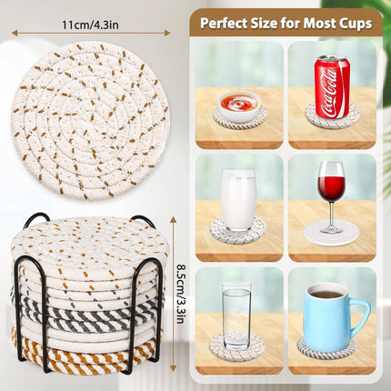 Set of 10 Round Coasters with Stand - Coaster Set - Thermal Insulation - Non-Slip Braided Cotton Coasters - Coasters for Glasses - for Glasses - For Drinks, Bar, Cups, Table Coasters.