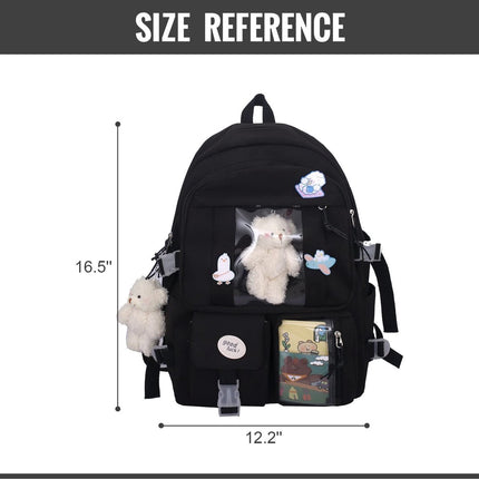 Waterproof backpack for girls - Girl's Backpack With Pin and Accessories - boys' backpack - women's backpack - Lightweight School Bag - School Student School Bag - Large Capacity Backpacks - Teenagers - High School Backpacks - Black.