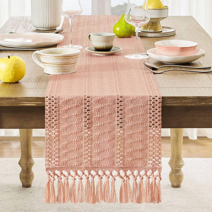 Table runner - tablecloth - Bohemian style table runner - pink table runner - with knotted tassel - farmhouse woven home decor - pink - 30*240 cm.