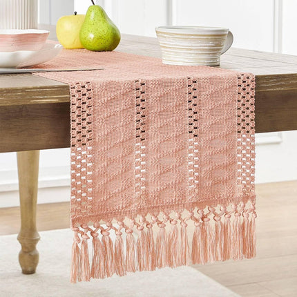 Table runner - tablecloth - Bohemian style table runner - pink table runner - with knotted tassel - farmhouse woven home decor - pink - 30*240 cm.