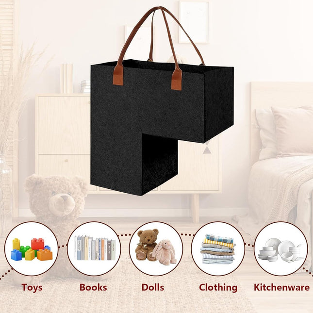 Stair Organizer Basket - Stair Basket - L-shaped Foldable Stair Basket - Storage Bag - Felt Stair Basket - Laundry Basket - Toy Basket - Household Items - for Laundry, Toys - 42*42*25.5 cm - Black.