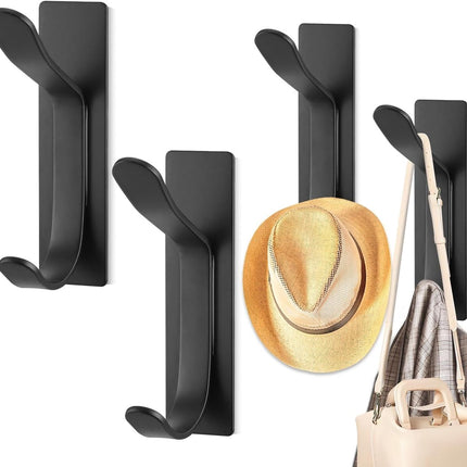 Pieces Wall-Mounted Coat Rack - No Drilling Required - Black Solid Wall Hook - Self-Adhesive Coat Hooks - Stainless Steel Towel Hanger for the Bathroom - Hanging Hooks - Double Hook Design Coat Rack - Wall / Coat Rack Hooks - Black.