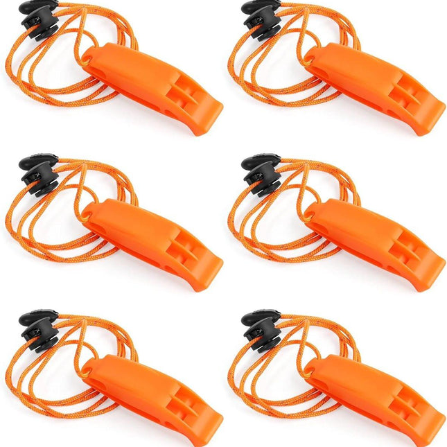 6 pieces - Emergency whistle - survival whistles - dual frequency - emergency whistle - with reflective cord, adjustable clip - emergency whistle survival whistle - for rescue operations in nature, hiking, camping, hunting and safety at sea - orange.
