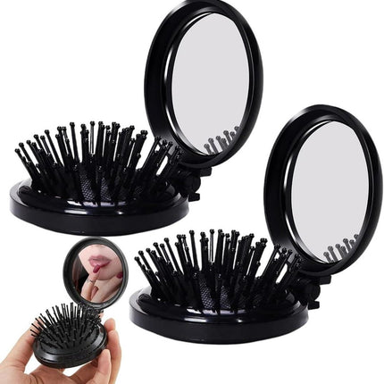 Allecto Plus - Set of 2 Foldable Travel Brushes with Mirror Portable Comb Pocket Massager for Men, Women, and Girls (Travel Size Mini Compact).
