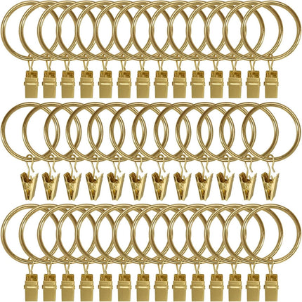 Metal Curtain Hooks with Clamps and Rings - 40 Pieces - Drapery Clip Hooks - Metal Curtain Rings - Decorative Curtain Rod Clips - Hooks - Shower Curtain Hanging Hooks with Clamp - Metal Curtain Rings with Clips - Gold.