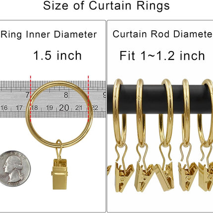 Metal Curtain Hooks with Clamps and Rings - 40 Pieces - Drapery Clip Hooks - Metal Curtain Rings - Decorative Curtain Rod Clips - Hooks - Shower Curtain Hanging Hooks with Clamp - Metal Curtain Rings with Clips - Gold.