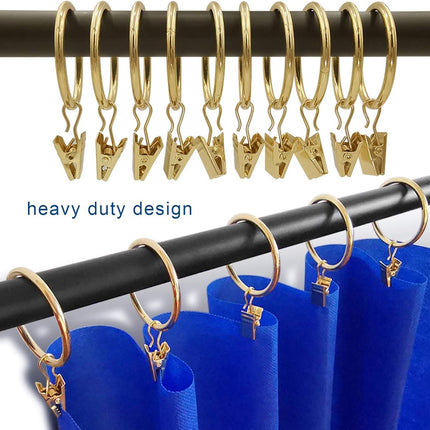 Metal Curtain Hooks with Clamps and Rings - 40 Pieces - Drapery Clip Hooks - Metal Curtain Rings - Decorative Curtain Rod Clips - Hooks - Shower Curtain Hanging Hooks with Clamp - Metal Curtain Rings with Clips - Gold.
