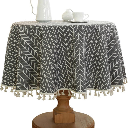 Round Tablecloth - Tablecloth with striped tassels made of cotton and linen - Washable Tablecloth - for table decoration in the kitchen and dining room - Round - 150 x 150 cm.