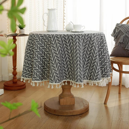 Round Tablecloth - Tablecloth with striped tassels made of cotton and linen - Washable Tablecloth - for table decoration in the kitchen and dining room - Round - 150 x 150 cm.