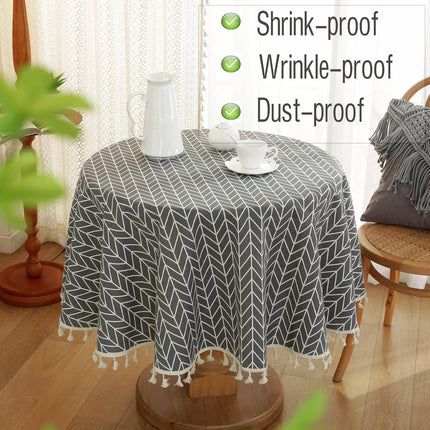 Round Tablecloth - Tablecloth with striped tassels made of cotton and linen - Washable Tablecloth - for table decoration in the kitchen and dining room - Round - 150 x 150 cm.