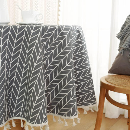 Round Tablecloth - Tablecloth with striped tassels made of cotton and linen - Washable Tablecloth - for table decoration in the kitchen and dining room - Round - 150 x 150 cm.